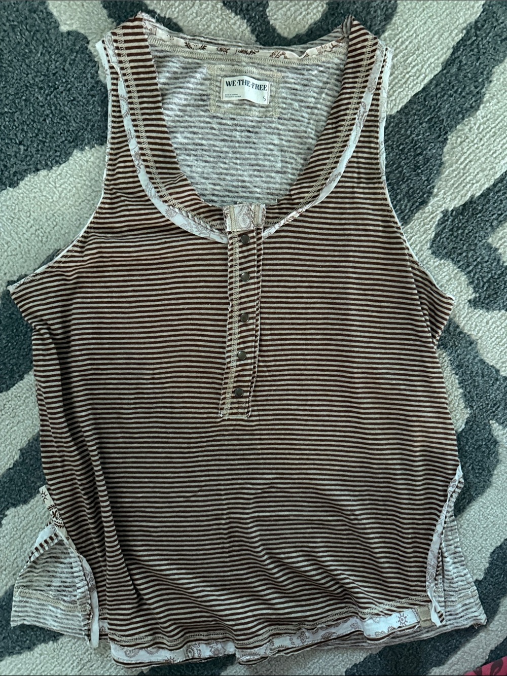 Free People Brown & Cream Striped Henley Tank